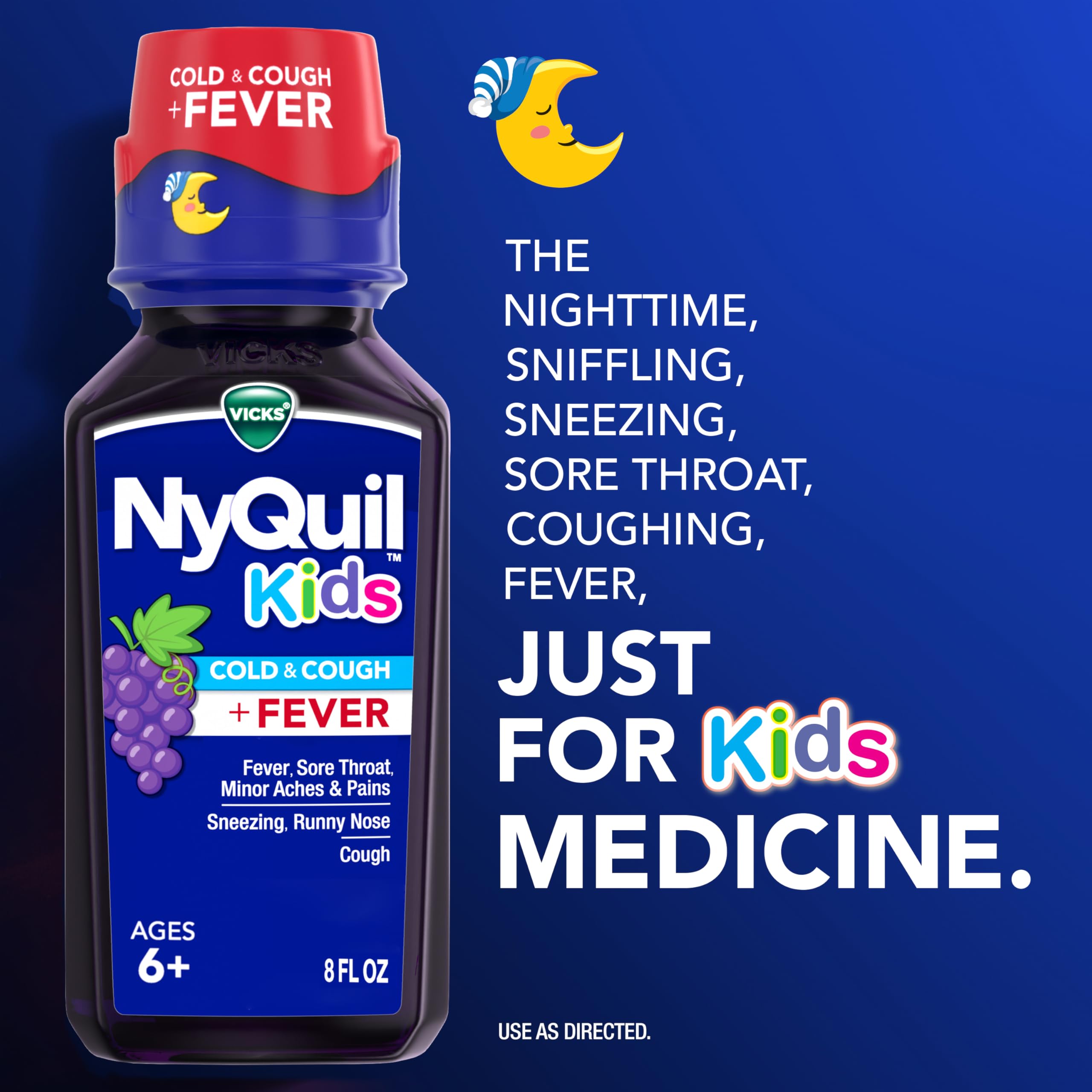 Vicks DayQuil and NyQuil Kids Grape Cold & Cough + Fever Multi-Symptom Relief Liquid Co-Pack, Specially Formulated for Kids Ages 6+, 2x8 OZ