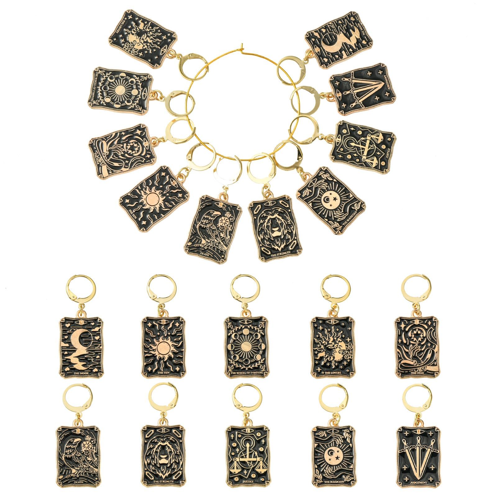 Stiesy 10 Styles Tarot Card Stitch Markers Crochet Leverback Hoop Black Tarot Rectangle Enamel Charms Removable Dangle Locking Stitch Marker for Knitting Jewellry Making Crafting