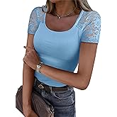 ANRABESS Womens Short Sleeve Shirts Scoop Neck Lace Going Out Tops Slim Fit Rib Knit Casual Tee 2026 Summer Fashion Outfits
