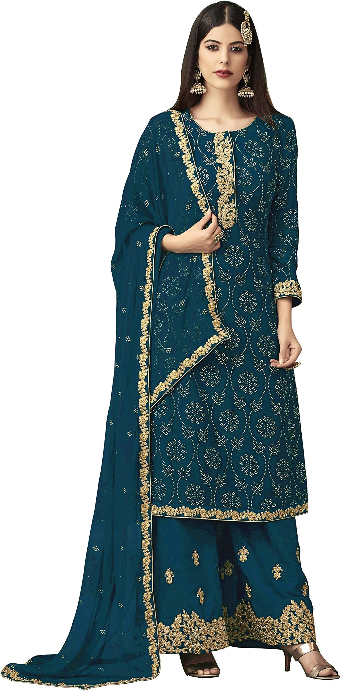 Ethnic Yard Women's Georgette Straight Foil Semi-Stitched Salwar Suit