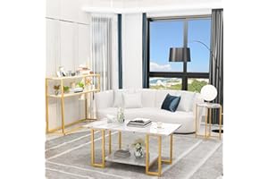 Lamerge 3pcs Living Room Table Set, Faux Marble Coffee Table with Round End Side＆Console Table, Modern White Coffee Table Set with Gold Metal Frame for Home Living Room Office Entryway, Round End