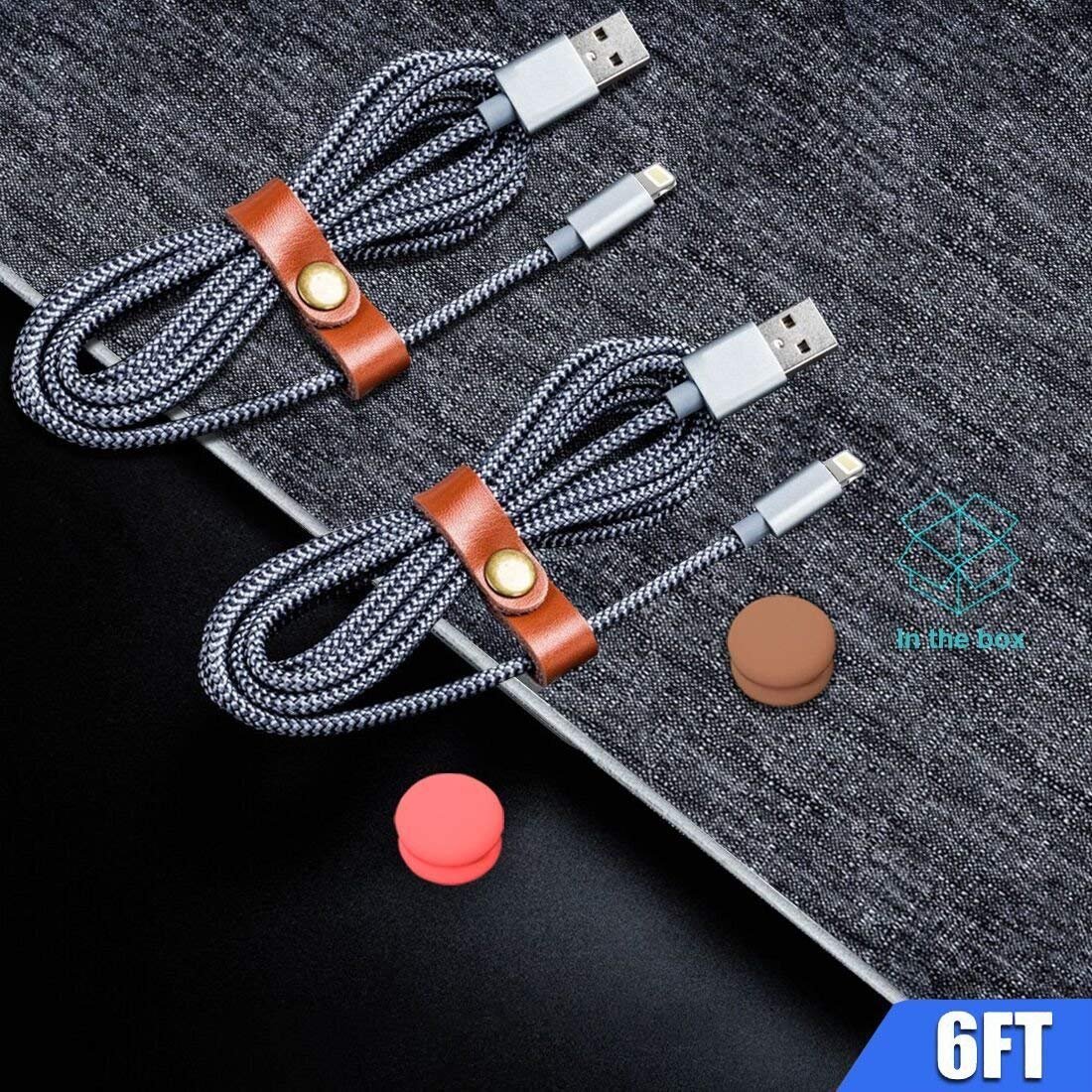 Lightning Cable, iPhone Ladegerät (2 Stück) Nylon Geflochtenes Synchron- & Schnellladekabel (6 FT) mit Kabelklemmen für iPhone X, 8 Plus, 8, 7 Plus, 7, 6, 6s Plus, 5, 5c, 5s