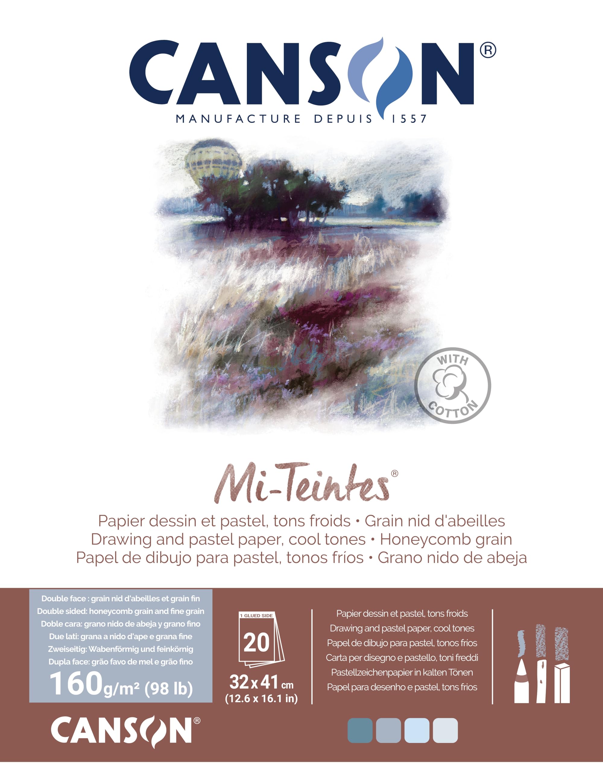 CANSON Mi-Teintes Coloured Drawing 160gsm 32x41cm Paper, Double Sided: Honeycomb & Fine Grain, Pad Glued Short Side, 4 Grey/Bue Tones, 20 Sheets, For Professional Artists & Illustrators