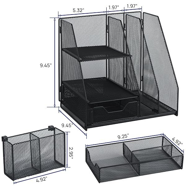 TOPWEY DESK ORGANIZER, FILE ORGANIZER FOR DESK WITH 2-TIER PAPER LETTER TRAY, DRAWER AND 2 PEN HOLDER, MESH DESKTOP ORGANIZATION WITH MAGAZINE HOLDER FOR OFFICE SUPPLIES