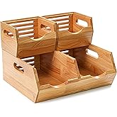HOMESTEAD Stackable Solid Wood Storage Bins for Pantry & Countertop, Ventilated Potato and Onion Basket Organizer with Handles, Wooden Produce Storage Containers, 3 Pack, Natural Wood