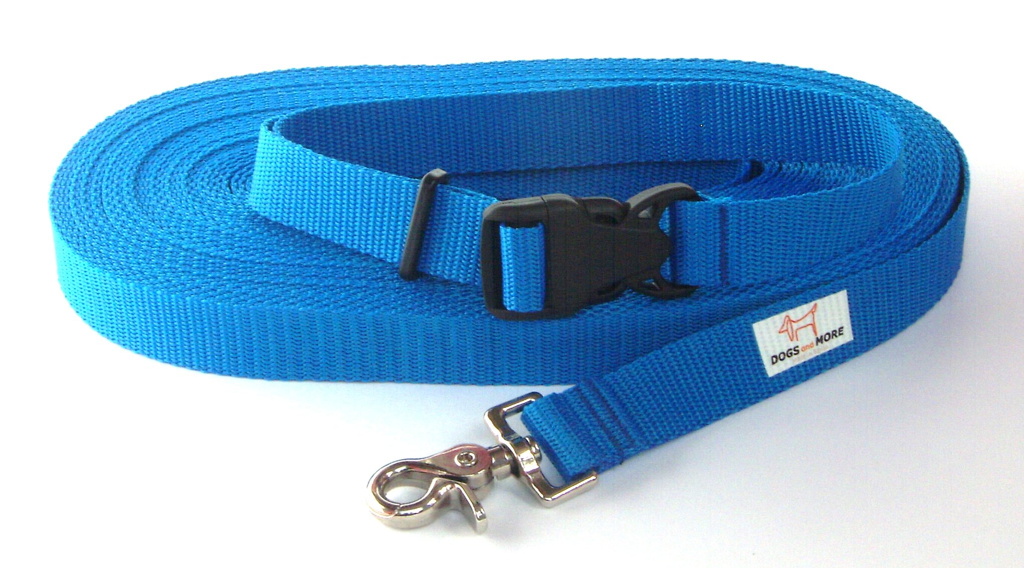 DOGS and MORE – Tracking / Training / Recall Leash with RELEASABLE wrist strap - 20 meter / 66 feet (Blue, 25 mm wide)