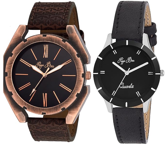 Pappi-Haunt - Decent - Pack of 2 - Leather Strap Casual Couple Wrist Watch for Boys, Girls, Men, Women