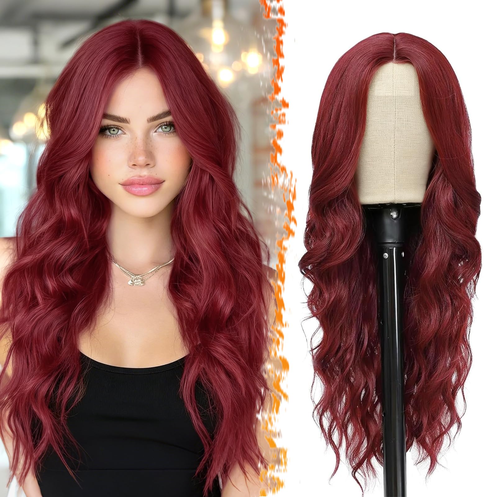BARSDAR Long Wavy Red Wig, 26 Inch Middle Part Curly Wavy, Lace Front Natural Looking Heat Resistant Synthetic Hair Replacement for Women Girls Daily Party Halloween - Red