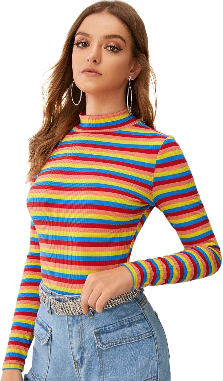Floerns Women's High Neck Long Sleeve Slim Fit Stretch Striped T-Shirts at  Women’s Clothing store