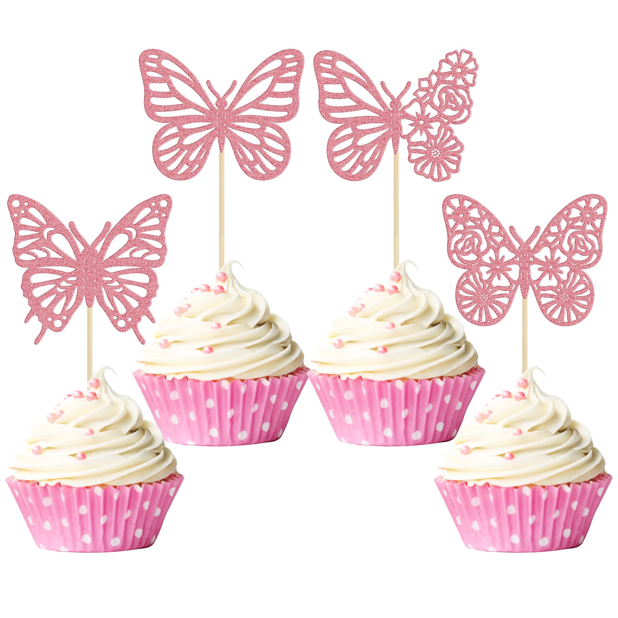 Gyufise 24 Pack Pink Glitter Assembled Butterfly Cupcake Toppers Baby Shower Cake Picks Decorations for Wedding Anniversary Kids Birthday Party Supplies
