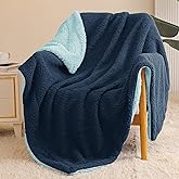 Exclusivo Mezcla Reversible Sherpa Throw Blanket for Couch, Thick and Warm Fleece Blankets for Winter, Soft Plush Fluffy, 50x60 Inches, Navy/Light Blue