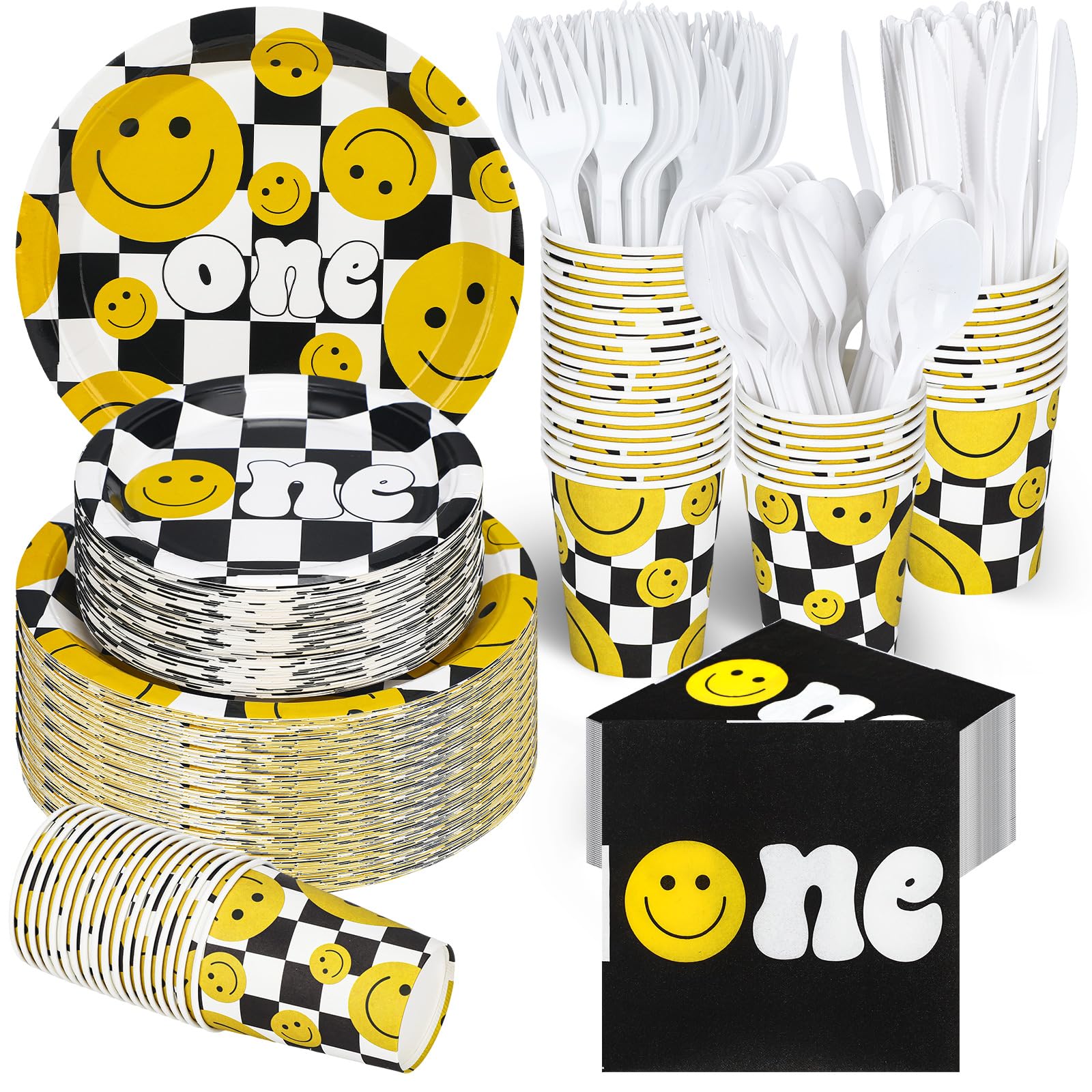 Photo 1 of Tanlade 324 Pcs One Happy Dude Plates Napkins Disposable 1st Birthday Party Decorations Smiling Face Party Set Tableware Favors Including Plates Cups Napkins Knives Forks Spoons Serve 36 Guests