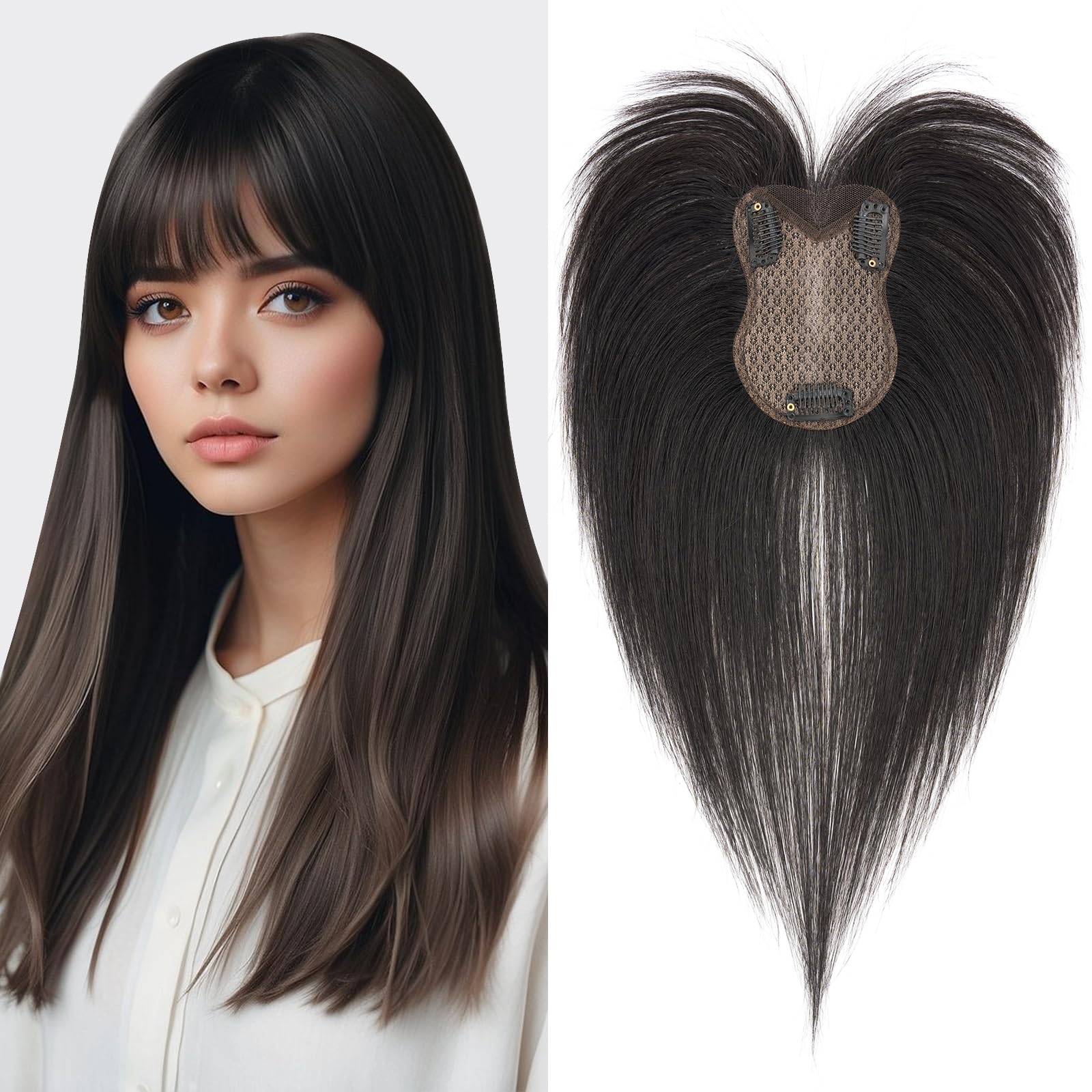 S-noilite Hair Toppers for Women Human Hair 8x11cm - Silk Base Human Hair Topper with bangs for thinning hair 21g Natural Black #1B - 11"