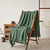 Simple&Opulence Cotton Muslin Throw Blanket for Bed, Couch, Knit Woven Gauze Blanket with Tassels, Soft Lightweight Cozy Pre-Washed Breathable Farmhouse Decoration for All-Season (Olive Green)