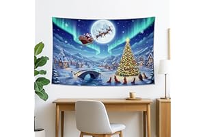 Winter Wonderland Tapestry, Christmas Holiday Decor Wall Hanging, Santa Sleigh and Tree Aesthetic for Living Room, Bedroom, D