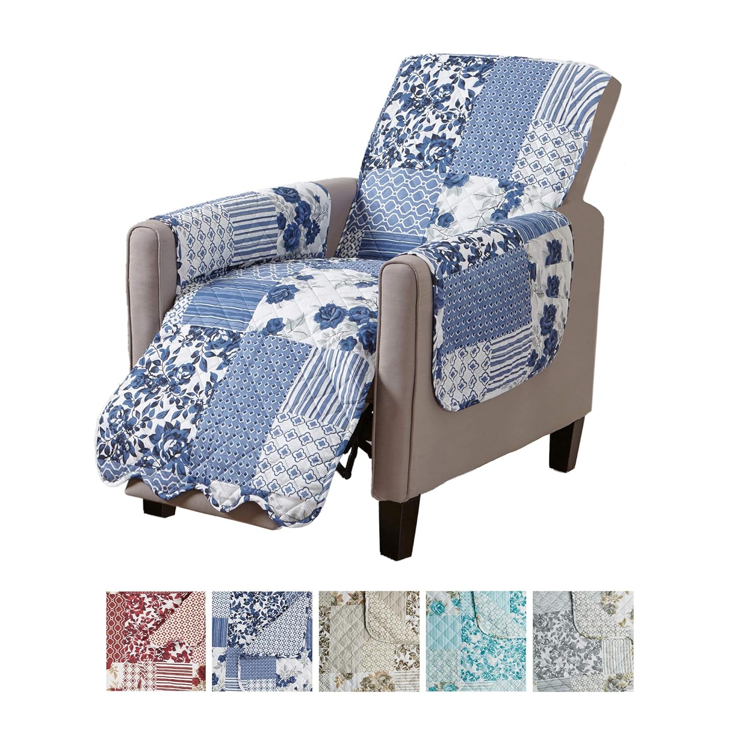 Patchwork Scalloped Printed Furniture Protector. Stain Resistant Recliner Cover. (24" Recliner