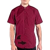 Visive Men’s Short Sleeve Button Up or Button Down Shark Shirt – Black Red Grey Charcoal Navy with Funny Shark Print – Casual Collared Vacation Top – Stretch Fabric – Big & Tall Sizes