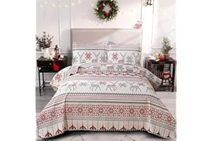 BELISTA Christmas Quilt Set Queen Size (90 x 90 Inches) Reindeer Snowflakes Lantern Festival Bedding Sets,Christmas Tree Coverlet Bedspread,Xmas Bedroom Decoration,Chrimbo New Year Ornaments