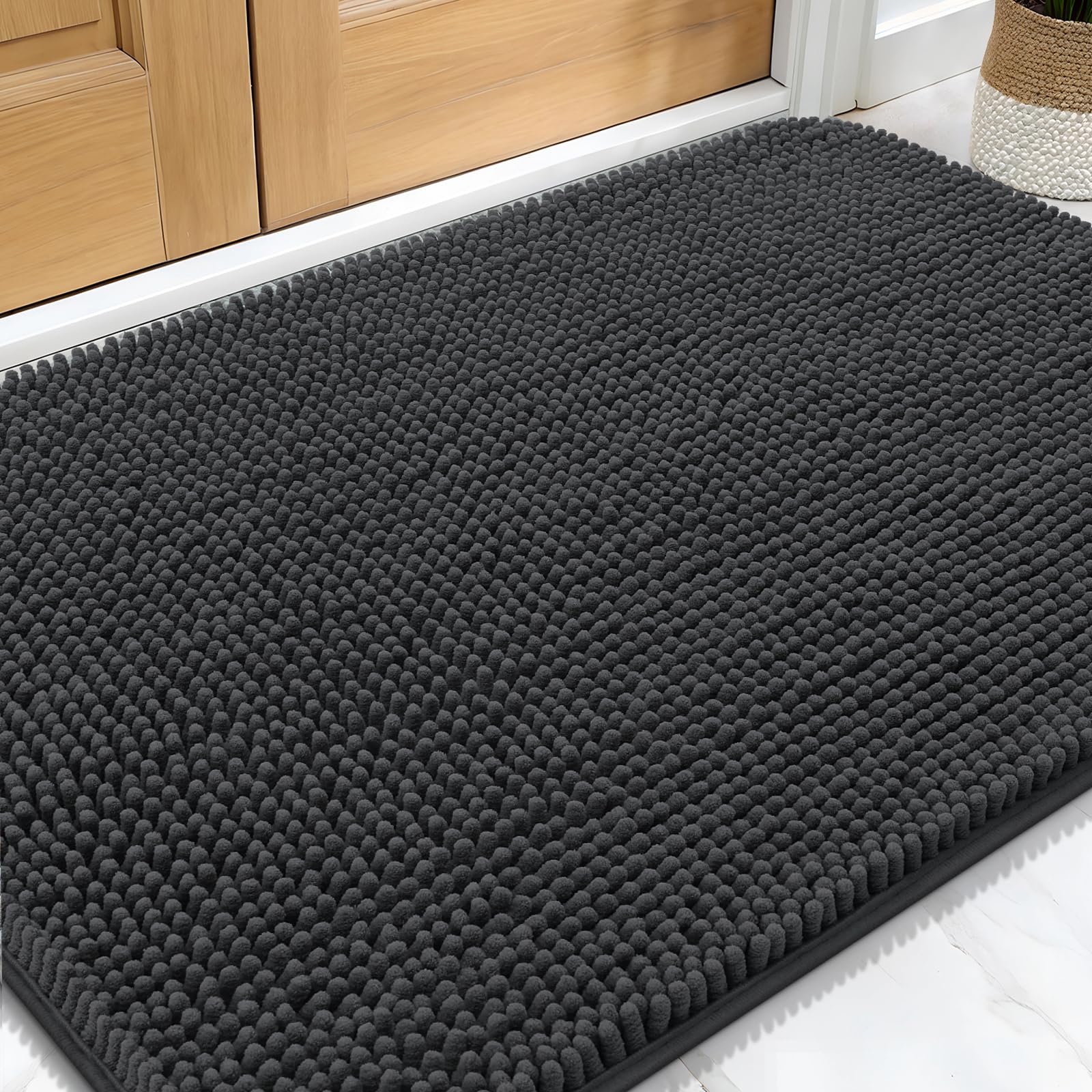 Photo 1 of OLANLY Dog Door Mat for Muddy Paws 30x20, Absorbs Moisture and Dirt, Absorbent Non-Slip Washable Doormat, Quick Dry Chenille Mud Mat for Dogs, Entry Indoor Entryway Carpet for Inside Floor, Dark Grey