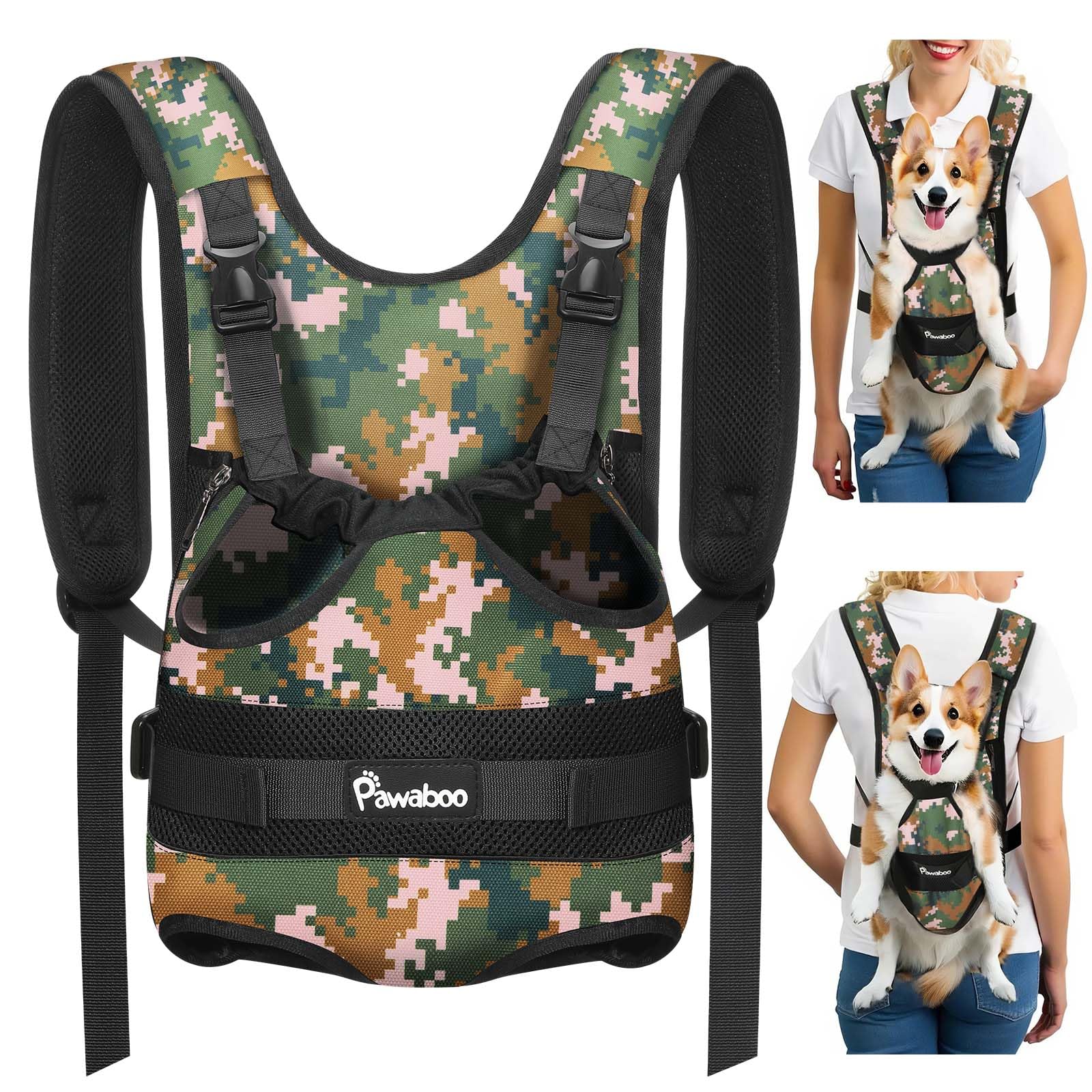 Photo 1 of Pawaboo Pet Dog Front Carrier Backpacks, Legs Out Pet Carrier Backpack for Dogs, Adjustable Easy-fit Dog Chest Carriers for Small Medium Dogs Hands Free for Travel Hiking Cycling Camping, XL, Camo
