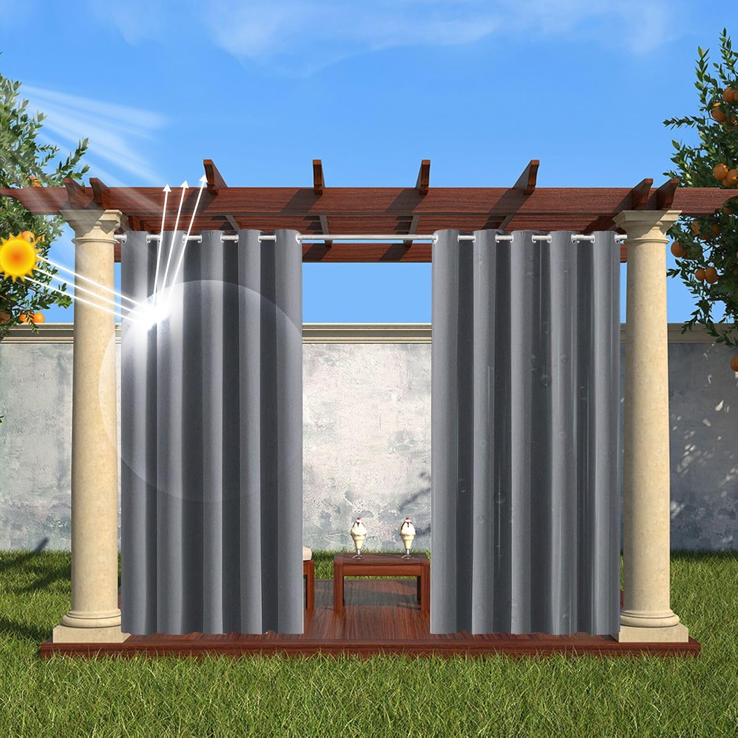 Outdoor Curtains - Soulitem Outdoor Curtains Waterproof for Patio, Blackout Curtains with Grommet 1 Panel for Outdoor & Indoor, for Pavilion Pergola Porch, Dark Grey, 100x95in(254x241cm)