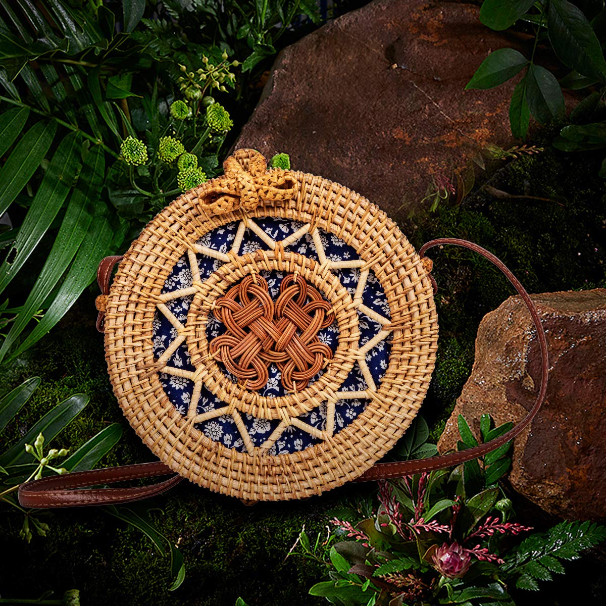 Handwoven Round Rattan Bag for Women Lefur Handmade Shoulder Straw Bag Crossbody Purse with Handles Hollow-Carved