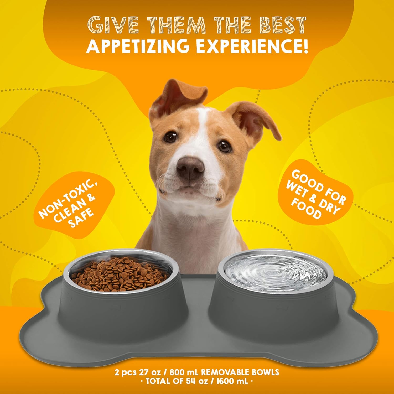 Kitchen & Dining : Dog Bowls & Mat Set - Two 27oz (54oz Total) Removable Stainless Steel Bowl Set in a Stylish No Mess, No Spill, Non Skid, Silicone Mat. Food & Water Bowls for Medium to Large Dogs Grey : 