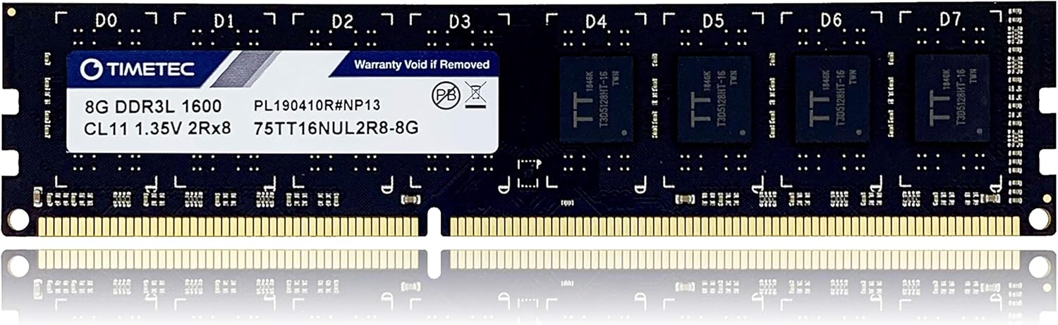 Timetec 8GB DDR3L / DDR3 1600MHz (DDR3L-1600) PC3L-12800 / PC3-12800 (PC3-12800U) Non-ECC Unbuffered 1.35V / 1.5V CL11 2Rx8 Dual Rank 240 Pin UDIMM Desktop PC Computer Memory RAM Module Upgrade