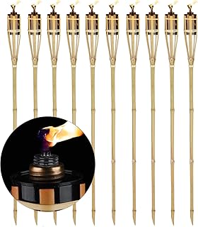 Relaxdays 10er Set Gartenfackeln, Ölfackeln aus Bambus, mit Docht, stimmungsvolle Fackeln für außen, Höhe: 90 cm, natur