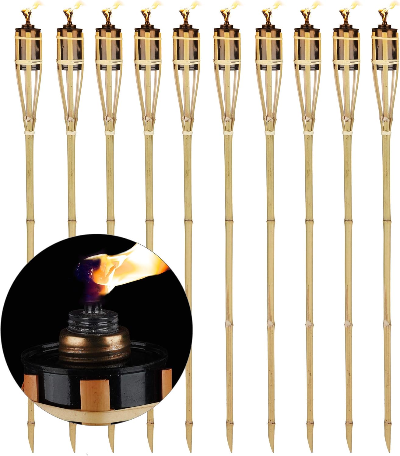 Relaxdays 10er Set Gartenfackeln, Ölfackeln aus Bambus, mit Docht, stimmungsvolle Fackeln für außen, Höhe: 90 cm, natur