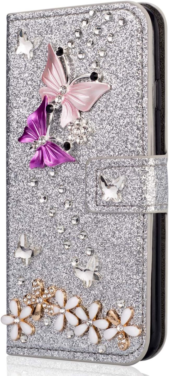 Miagon Diamond Case for Samsung Galaxy J5 2017,Luxury Glitter Rhinestone Butterfly Flower PU Leather Folio Flip Wallet Cover Magnetic Closure Card Slots,Silver