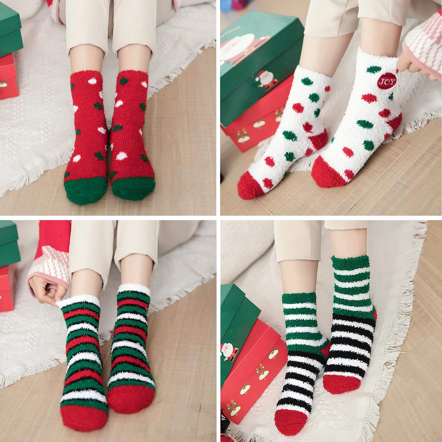 Christmas Fuzzy Socks,Kapmore 6 Pairs Cute Coral Fleece Warm Cozy Socks Holiday Slipper Socks XMAS Fluffy Crew Socks for Women Girls