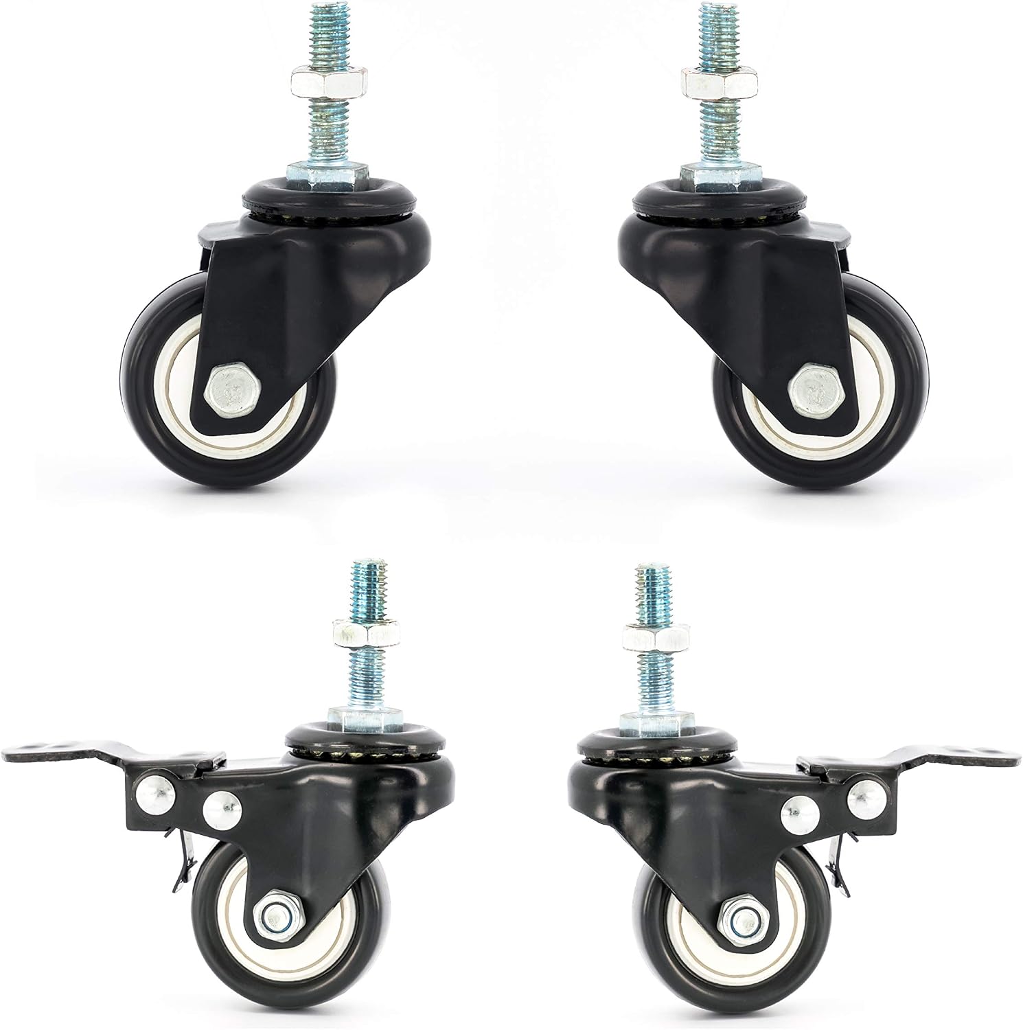 4 x Castor Wheels by FPM Direct Heavy Duty 200Kg Load Rating 40mm PU Rubber Swivel Castors with Brakes in Black, M8 Thread Fixing Nuts Included Trunk Trolley Furniture Cabinet Caster