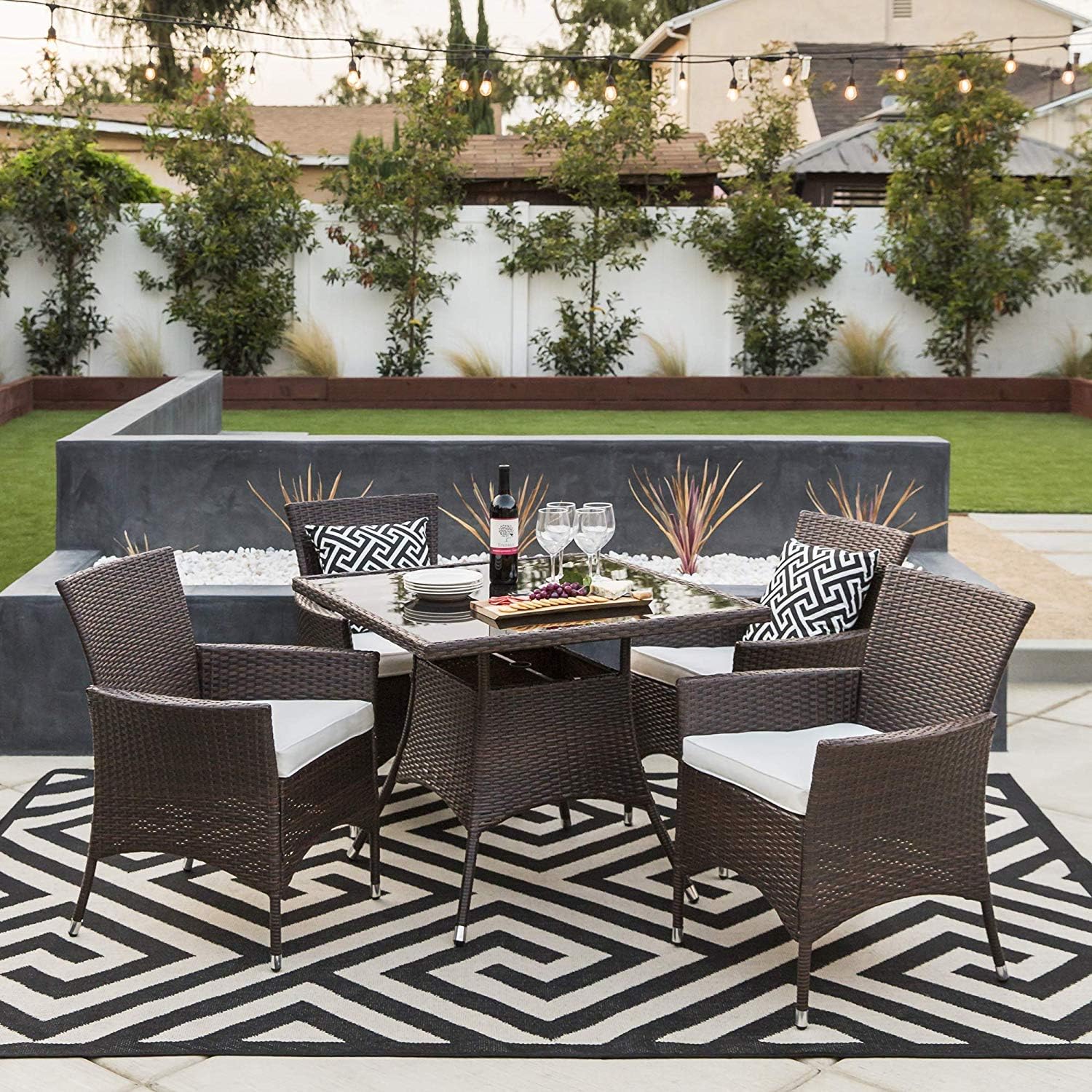 OAKVILLE FURNITURE 61205 5-Piece Patio Set Square Glass Top Dining Table with Standard Umbrella Hole 4 Outdoor Chairs, Brown Wicker, Beige Cushion: Garden & Outdoor