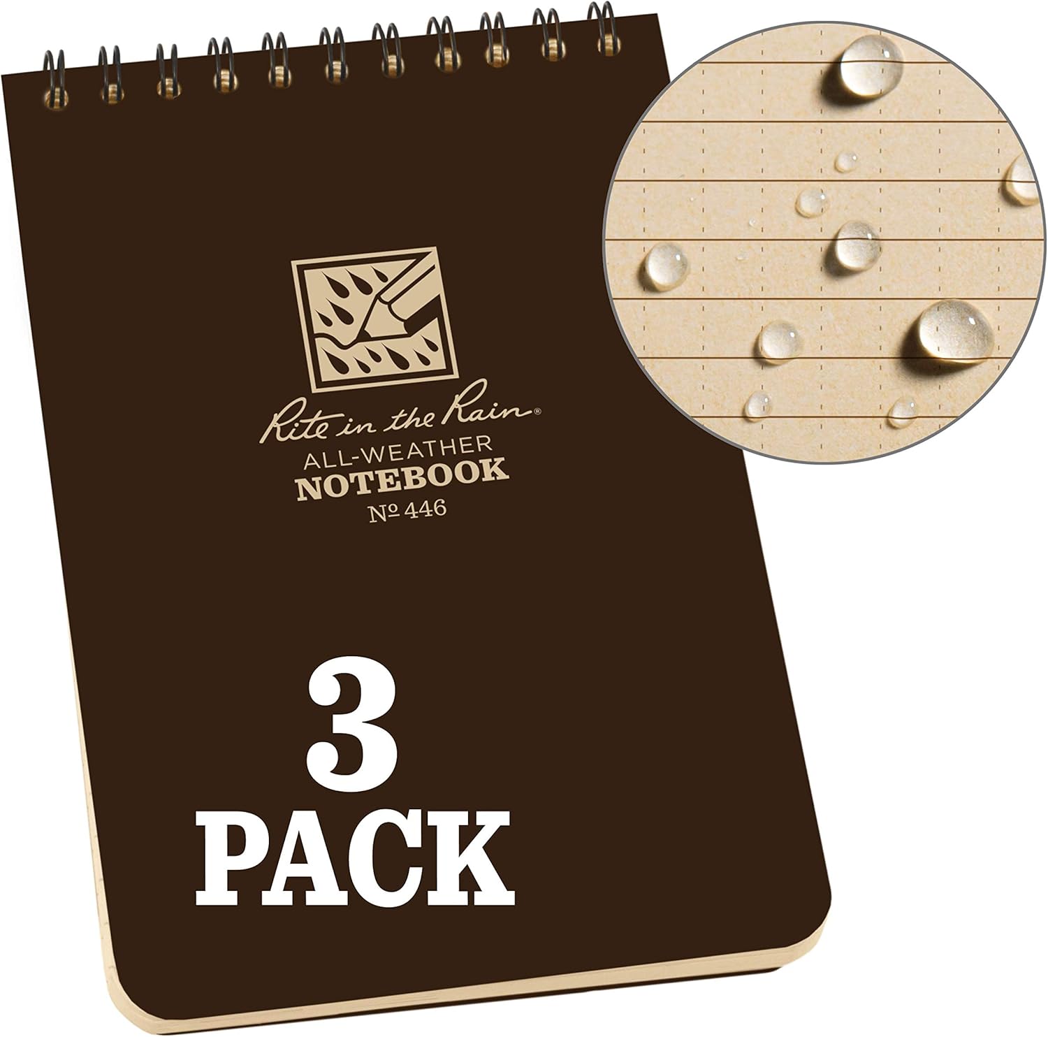 Rite in the Rain Weatherproof Top Spiral Notebook, 4" x 6", Brown Cover, Universal Pattern, 3 Pack (No. 446-3)