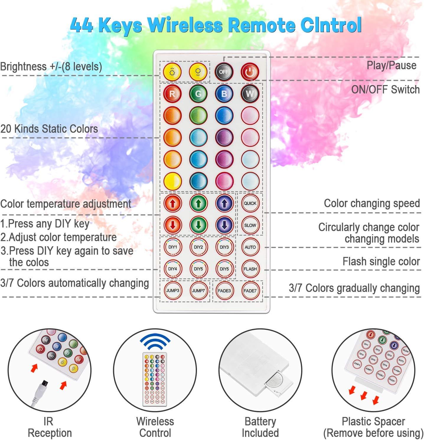 MUMUXI LED Strip Lights, 32.8ft Color Changing Led Light Strip 5050 RGB 300 LEDs Flexible LED Tape Light Kit with 44 Keys Remote Control and 12V Power Supply for Room, Bedroom, Bar, Home, Kitchen: Home Improvement