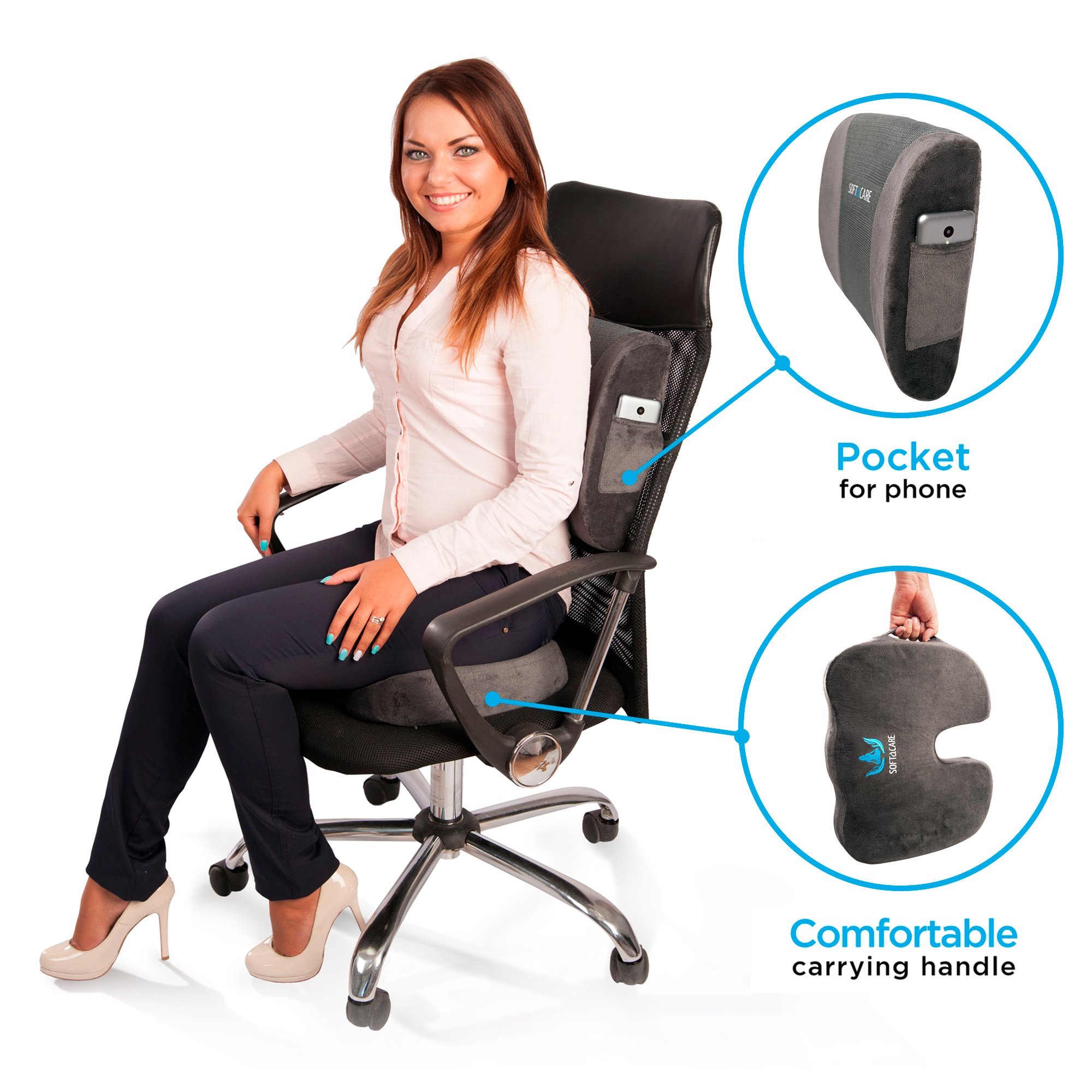 SOFTaCARE Seat Cushion Coccyx Orthopedic Memory Foam and Lumbar Support