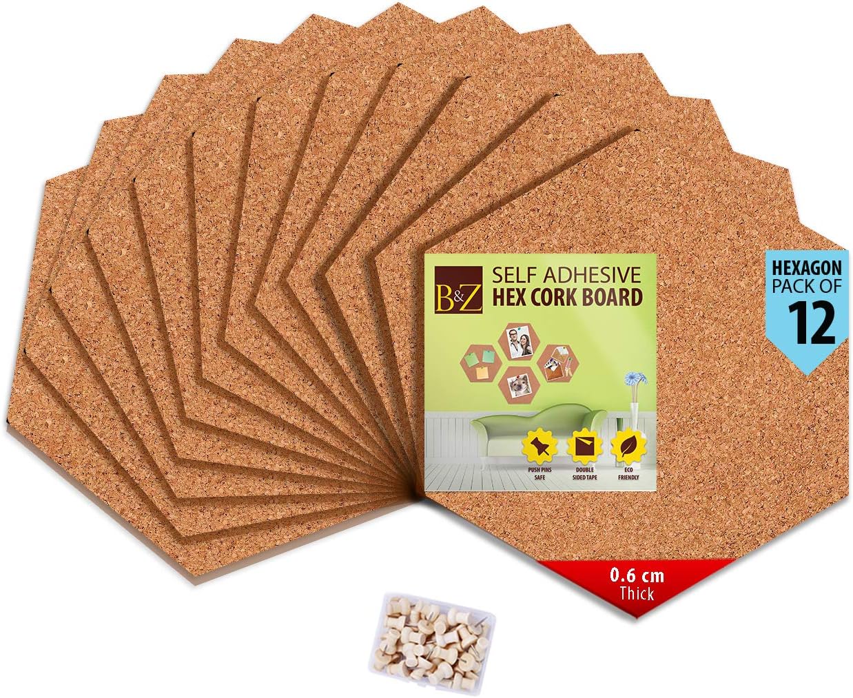 B&Z Self Adhesive Sticky Cork Board Hexagon Tiles Mini Wall Bulletin Boards Pin Message Notice Board Office Memo School Pinboard Wooden Push Pin Hexagon Rounded Curves (30cm x 26cm x 0.6cm) (12)