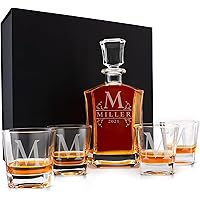 Personalized Whiskey Decanter Set - 9 Design Options - 5 PC Liquor Crystal Decanter with Glass Stopper (720ml) & 4…