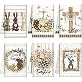 SmoothNovelty 6 Pcs Easter Bunny Kitchen Towels Religious He is Risen Dish Towel 21 x 14 Inch Farmhouse Egg Stripe Dot Bathroom Hand Absorbent Rustic Spring Tea for Kitchen Bath Gift Decor