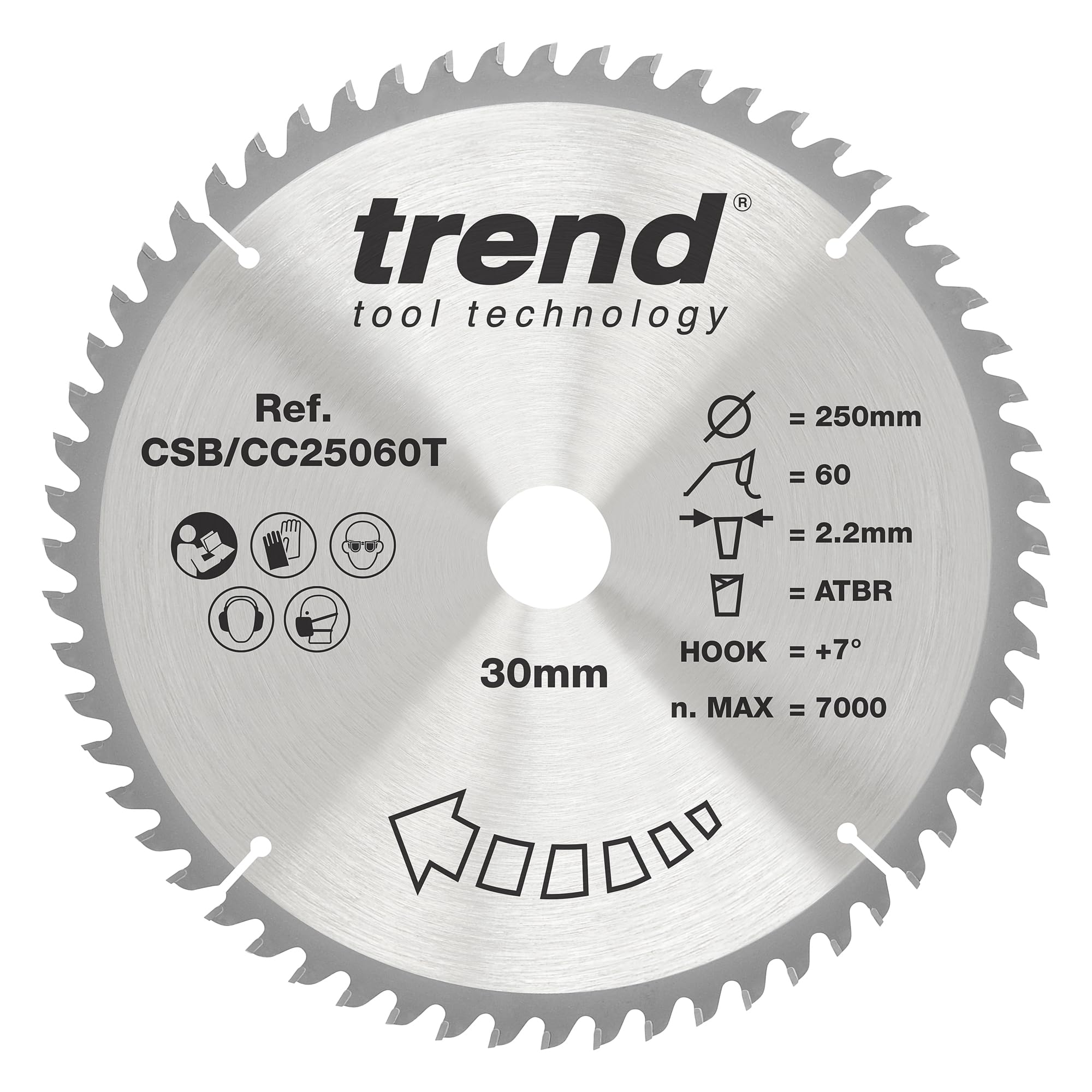 Trend Wood Cordless ATBR Mitre Saw Blade, 250mm Diameter, 30mm Bore, 60 Teeth, 2.2mm Kerf, +7° Hook, TCT, Fine Finish, CSB/CC25060T — image 1