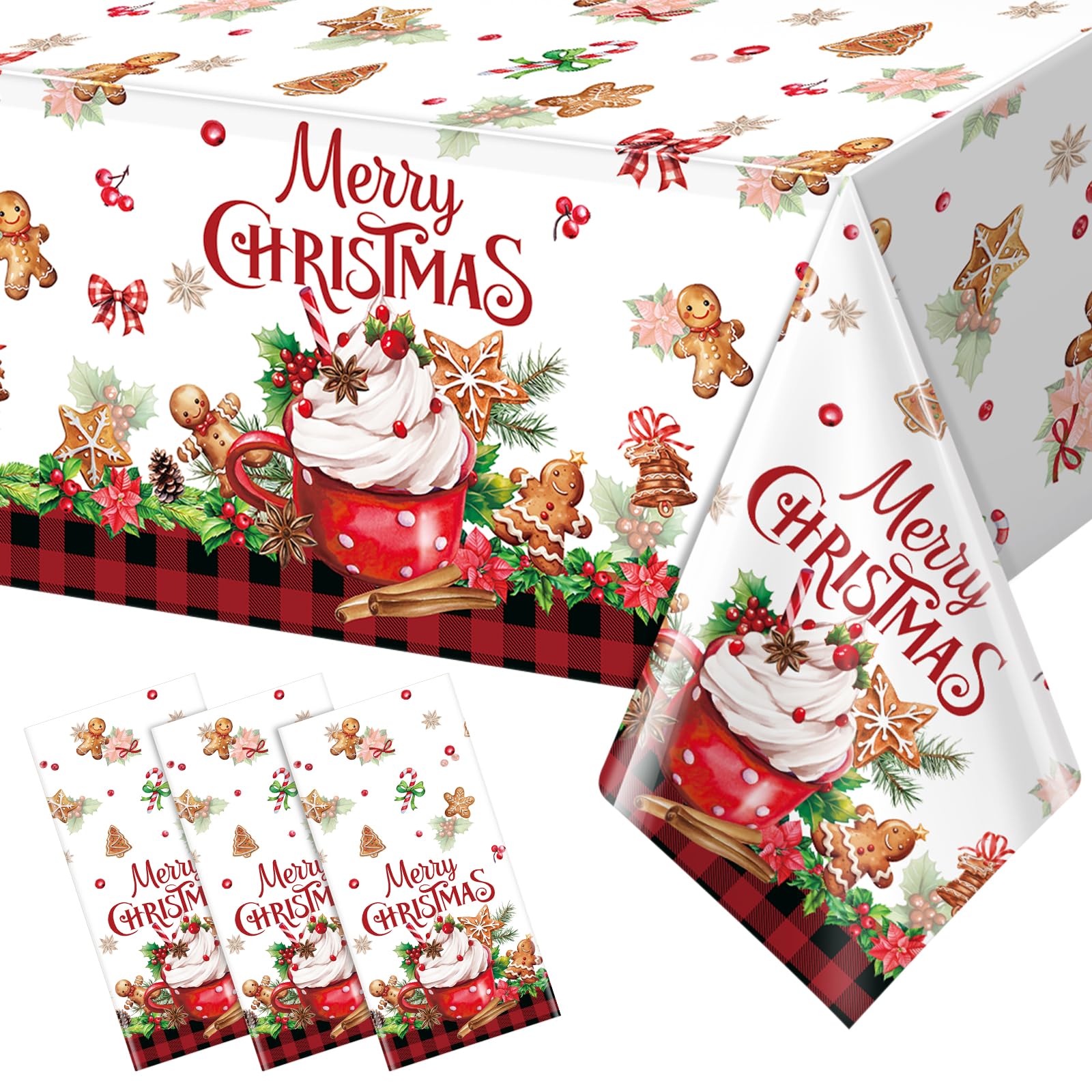 Photo 1 of  Merry Christmas Buffalo Plaid Gingerbread Party Tablecloths,Plastic Red and Black Checkered Cake Rectangle Table Cover for Winter Christmas New Year Birthday Holiday Party Decorations,54x108 inch