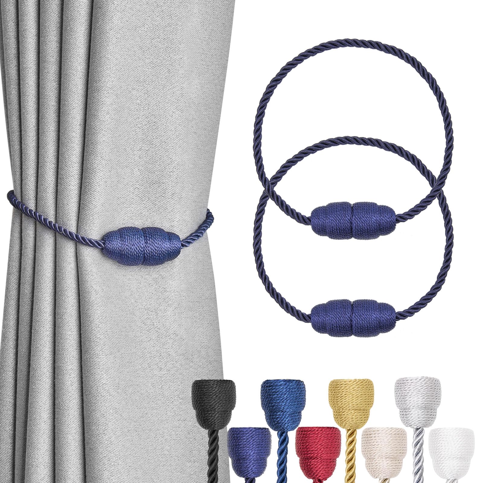 Pretty Jolly 2 Pack Strong Magnetic Curtain Tiebacks Handmade Weave Side Rope Curtain Holdbacks Unique & Elegant Decorative Curtain Drape Tie Backs for Home & Office Window Drapery (Dark Blue)