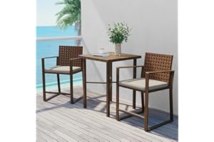 Grand patio 3-Piece Outdoor Counter Height Bar Set with Wood Grain Texture Leather-Look Wicker Bar Set with Market Umbrella Hole Furniture for Patio, Balcony, Garden - Brown