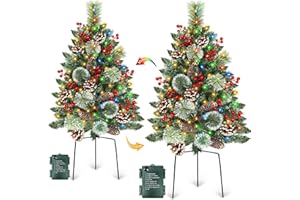 TURNMEON Outdoor Christmas Tree 2 Pack 33" Christmas Urn Filler with 50 Warm&Colorful Lights, Artificial Xmas Tree 8 Modes Timer,Mixed Tips Pinecones Red Berries Battery Operated for Pathway Yard Porch Planter