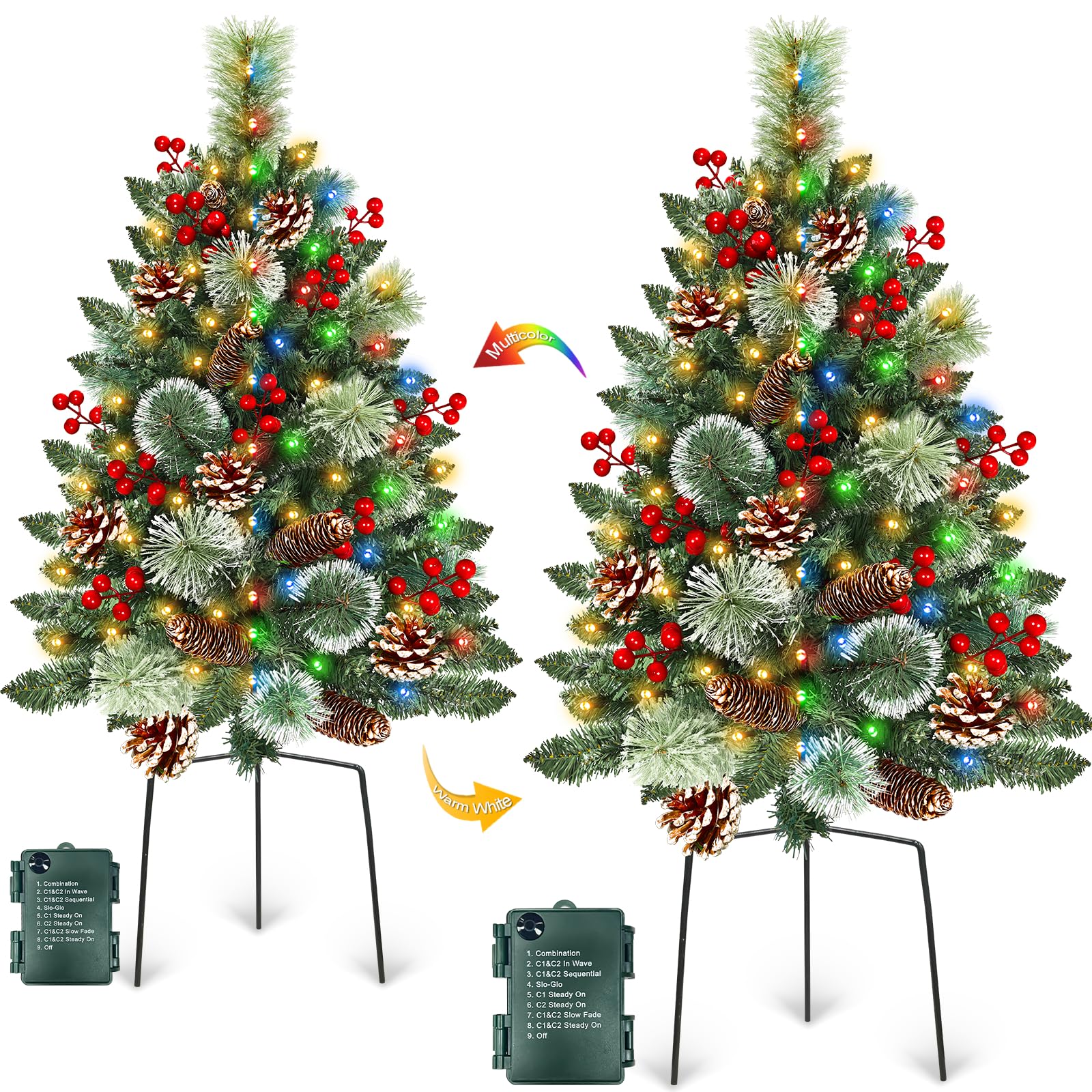 Photo 1 of Outdoor Christmas Tree 2 Pack 33" Christmas Urn Filler with 50 Warm&Colorful Lights, Artificial Xmas Tree 8 Modes Timer,Mixed Tips Pinecones Red Berries Battery Operated for Pathway Yard Porch Planter