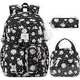 ACESAK Backpack for Girls - Girls Backpack with Lunch Bag & Pencil Pouch for Teen Kids Laptop Backpack for Women, Elementary Middle High School Bookbag Travel Daypack (Black Daisy)