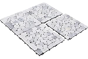 PURE ERA Natural Real Stone Interlocking Floor Deck Tiles Indoor Outdoor Use 12"x12" (4Pcs, 4 sq. Ft, Sliced Grey and White)-