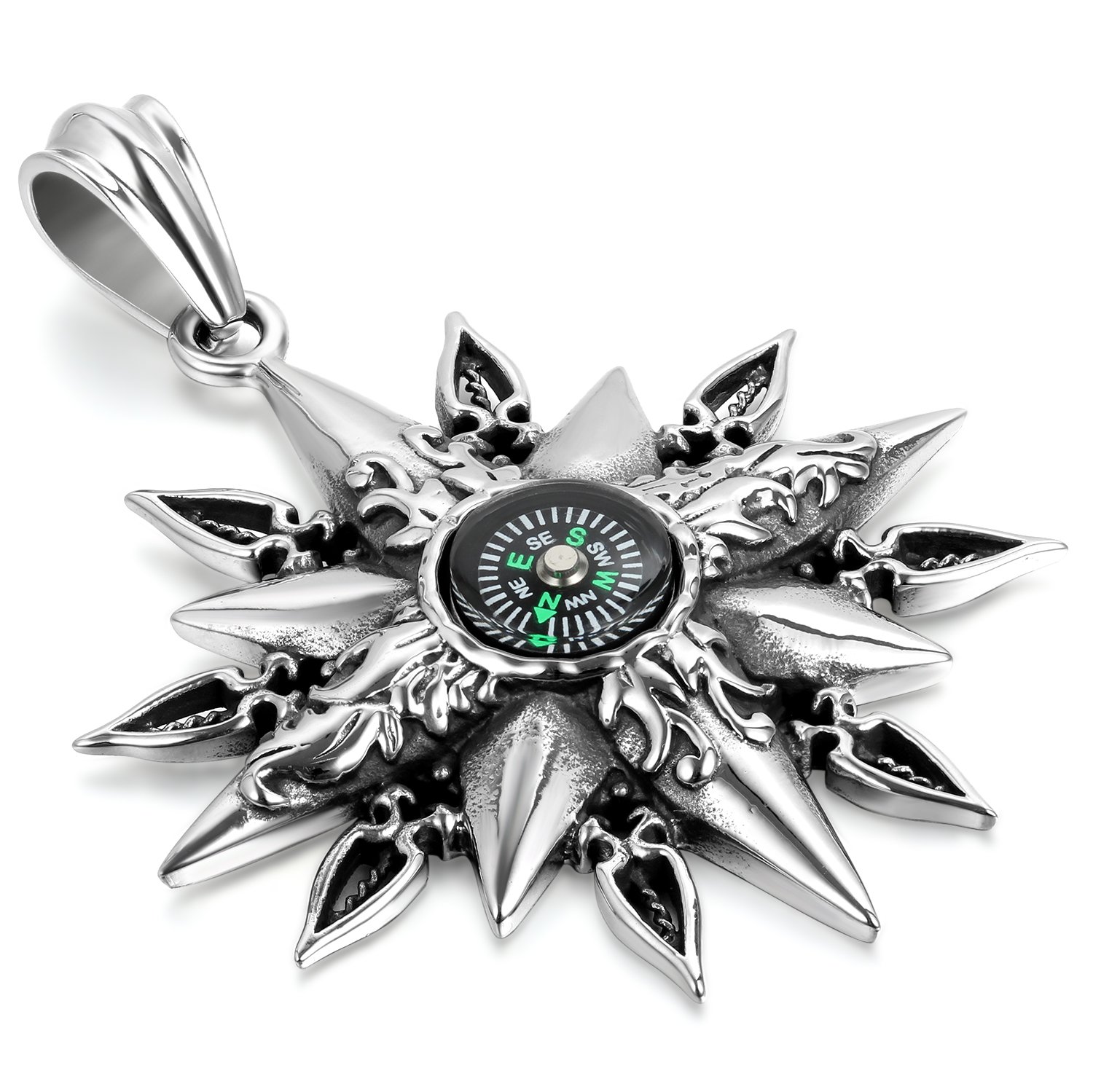 JewelryWe Men Stainless Steel Retro Religious Faith Sun God Apollo Compass Pendant Necklace, 22 Inch Chain