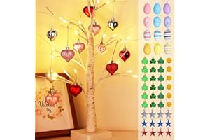 BUNNY CHORUS Valentines Day Decor 23.2" Lighted Birch Tree with 60pcs Ornaments Set for Valentines, St Patricks, Easter, 4th of July, Cute Heart Shamrock Easter Egg Stars Tree Decorations for Home Office